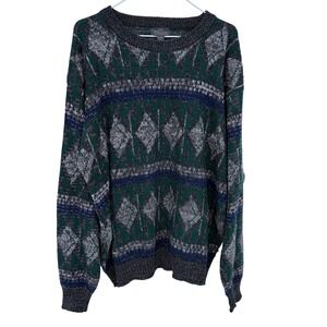 Sir William Mens 2XT Acrylic Geometric Pattern Crew Neck Sweater Green Blue Gray